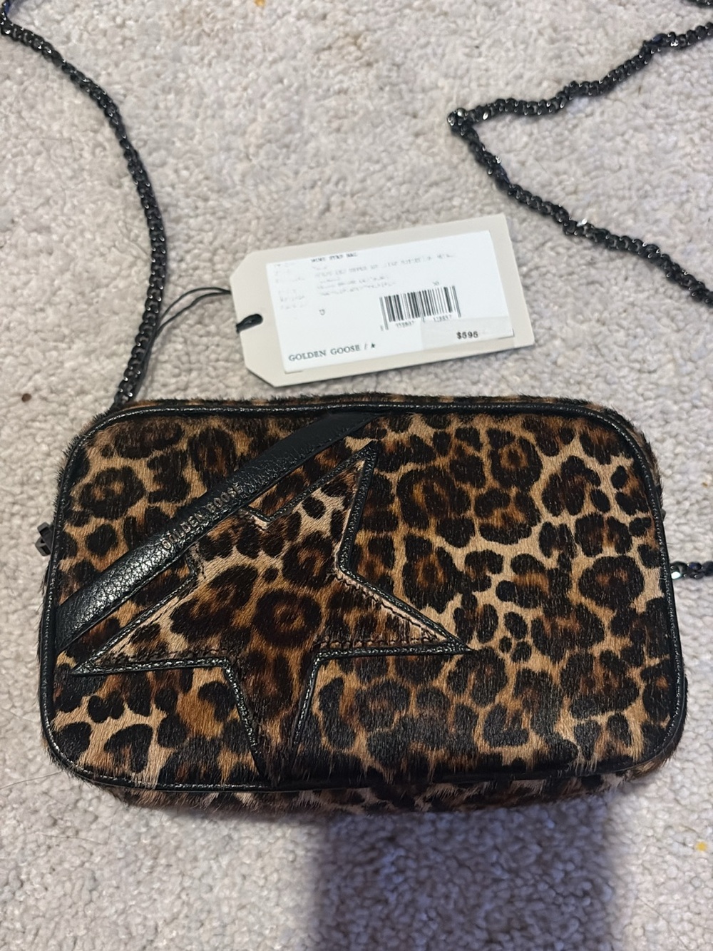 Golden Goose Leopard Print Crossbody with Black Star and Chain Strap